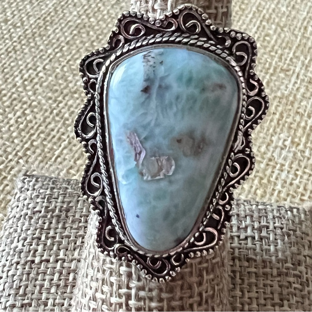 New Larimar Stone Silver Overlay Ring Size 7.25